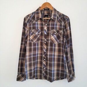 💘Various Artists Brown & Blue Plaid Western Button Up Shirt Size Medium